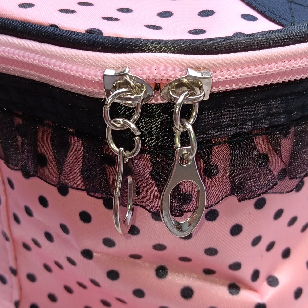 🆕️EXTRA LARGE VINTAGE PINK & BLACK POLKA DOT ZIPPERED COSMETIC BAG WITH POCKETS - Picture 12 of 16